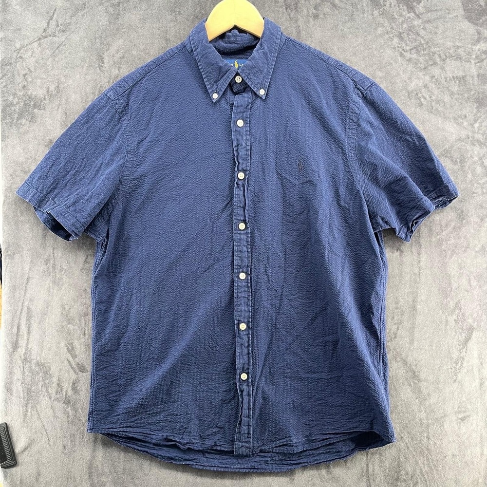 Polo Ralph Lauren Mens Navy Blue Seersucker Short Sleeve Shirt RL Untucked Fit L